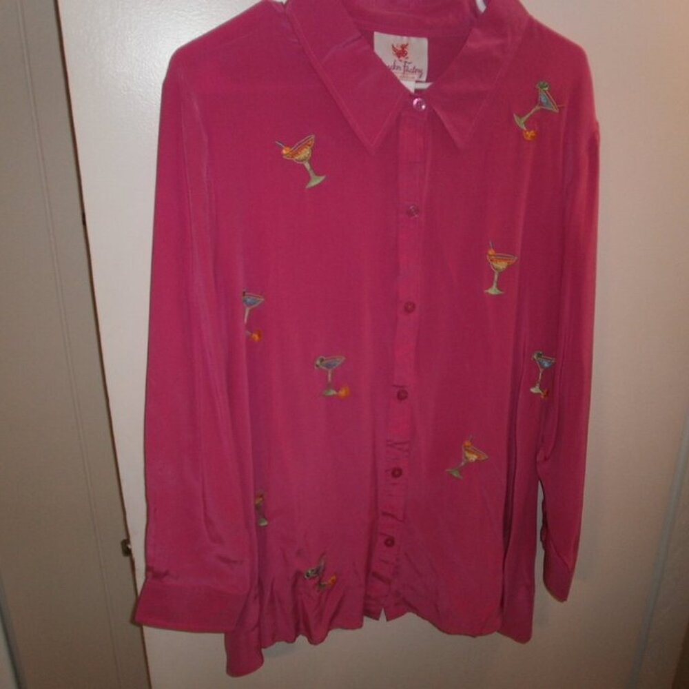 Quacker Factory woman's blouse pink with drinks 2X